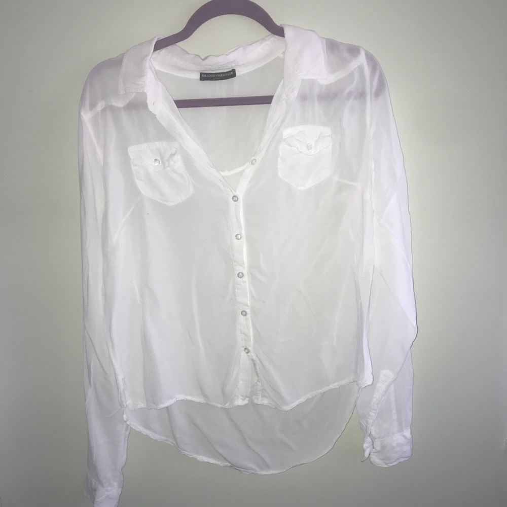 Sheer Button Down Long Sleeve Blouse in White
